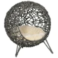 Raised Rattan-Style Cat Pod with Cushion – Silver and Grey
