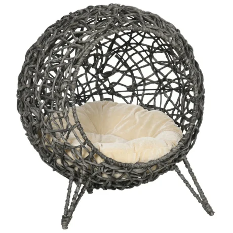 Raised Rattan-Style Cat Pod with Cushion &ndash; Silver and Grey