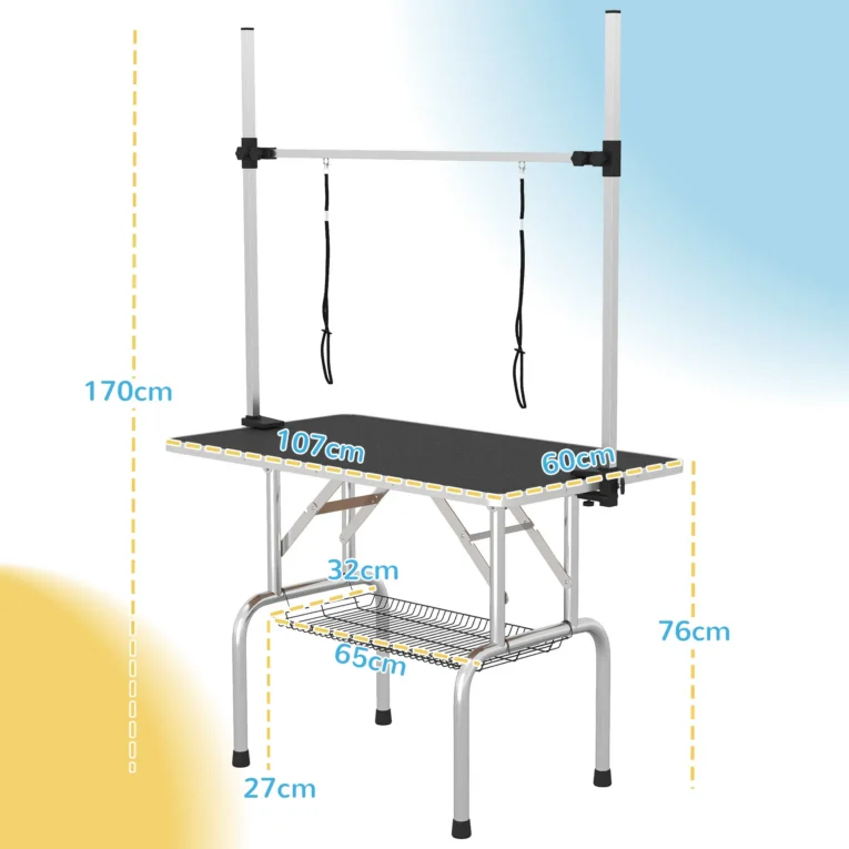 Folding Dog Grooming Table with Adjustable Arm – Black, 107cm