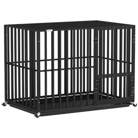 Large Steel Dog Crate with Wheels and Feeding Door – Black, 107cm