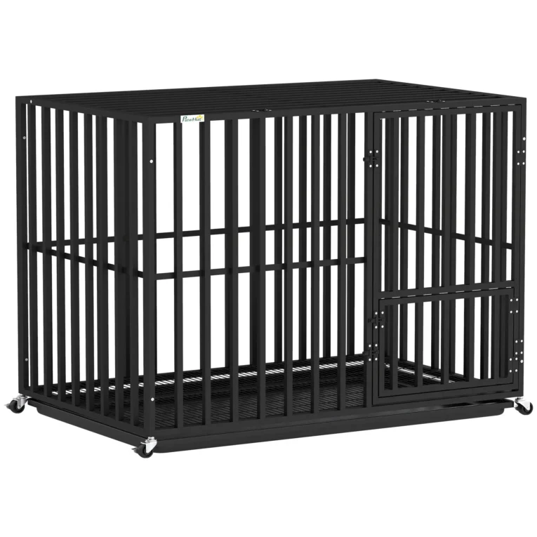 Large Steel Dog Crate with Wheels and Feeding Door – Black, 107cm Large Steel Dog Crate with Wheels and Feeding Door – Black, 107cm