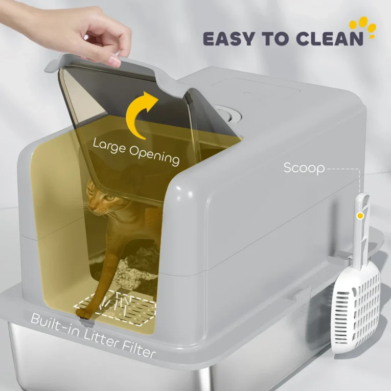Covered Steel Cat Litter Box with Scoop and Filters – Grey, 60.5cm Covered Steel Cat Litter Box with Scoop and Filters – Grey, 60.5cm