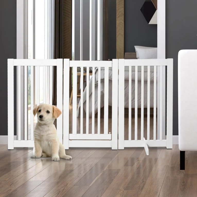 Freestanding Dog Gate Wood Expandable Barrier – White Freestanding Dog Gate Wood Expandable Barrier – White