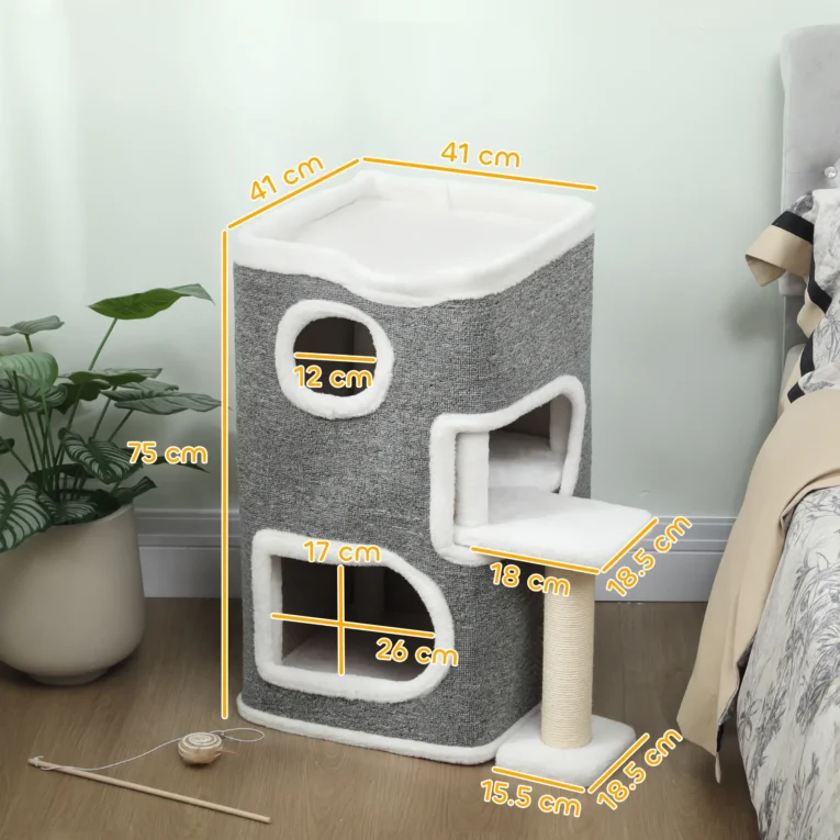 Compact Cat Tower with Two Dens and Top Bed – Grey, 75cm
