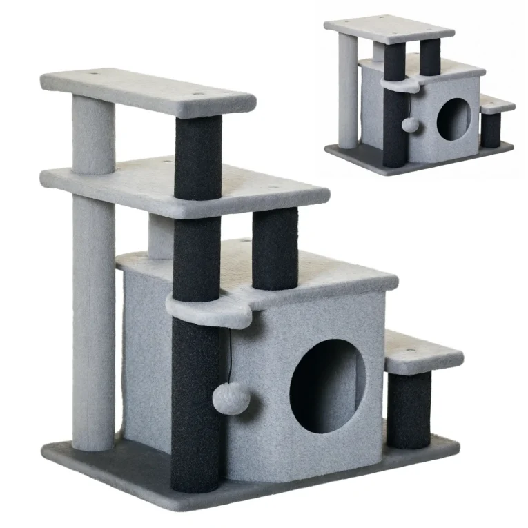 Four-Level Cat Steps with Den – Grey, 66cm Four-Level Cat Steps with Den – Grey, 66cm