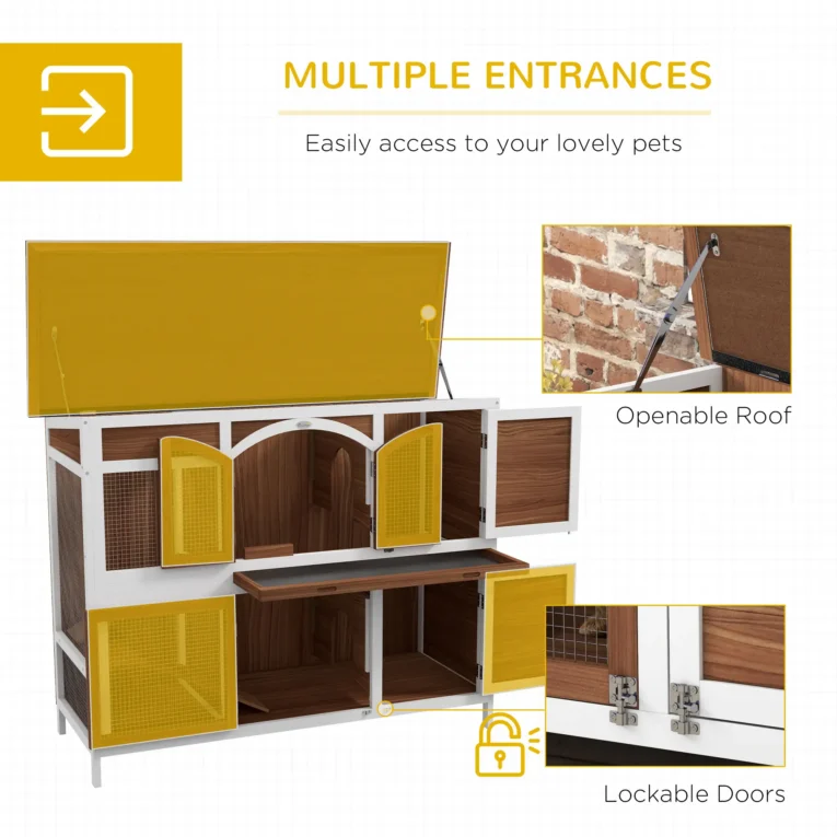 Wooden Pet Hutch Two-Tier with Openable Roof – Brown, Black, White