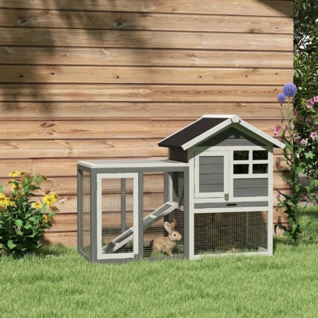 Raised Wooden Rabbit Hutch with Side Run – Grey and White