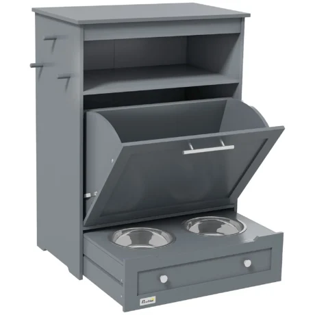 Pet Feeding Cabinet with Pull-Out Bowls – Grey