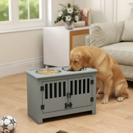Dog Feeding Cabinet with Latching Doors – Grey, Two 2L Bowls