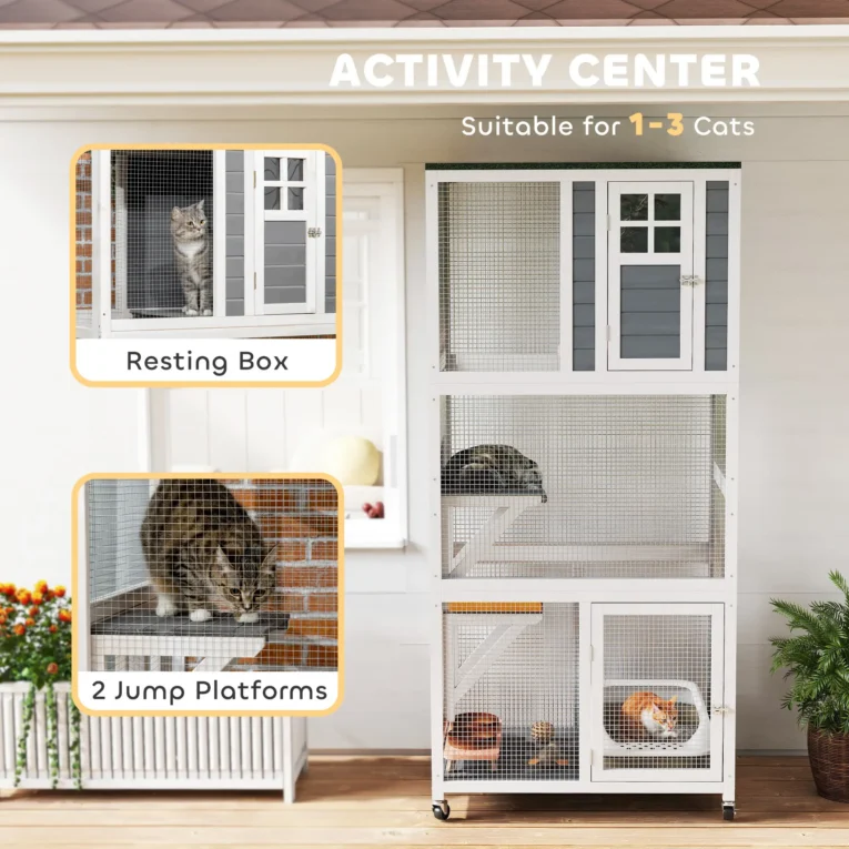Tall Wheeled Cat Enclosure with Platforms – White and Grey