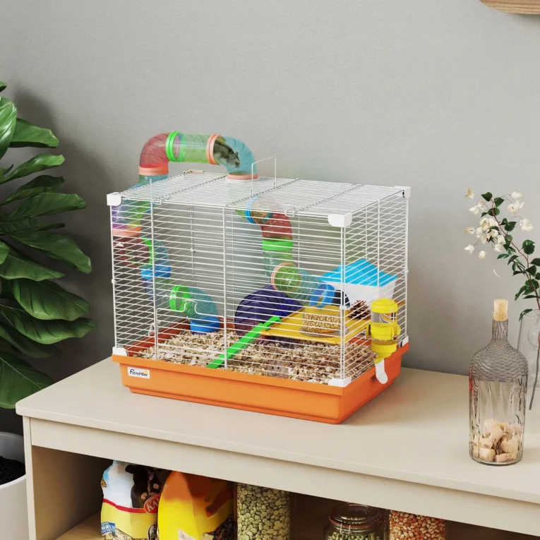 2-Tier Hamster Cage with Wheels and Tunnel Dwarf – Orange and white 2-Tier Hamster Cage with Wheels and Tunnel Dwarf – Orange and white