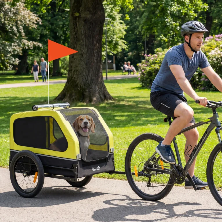 Dog Bicycle Trailer with Fold-Down Ramp – Yellow, 20kg Capacity