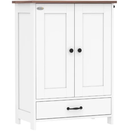Pet Feeding Cabinet with Adjustable Shelf and Hooks – White