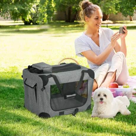 Folding Fabric Pet Carrier with Three Access Openings – Grey