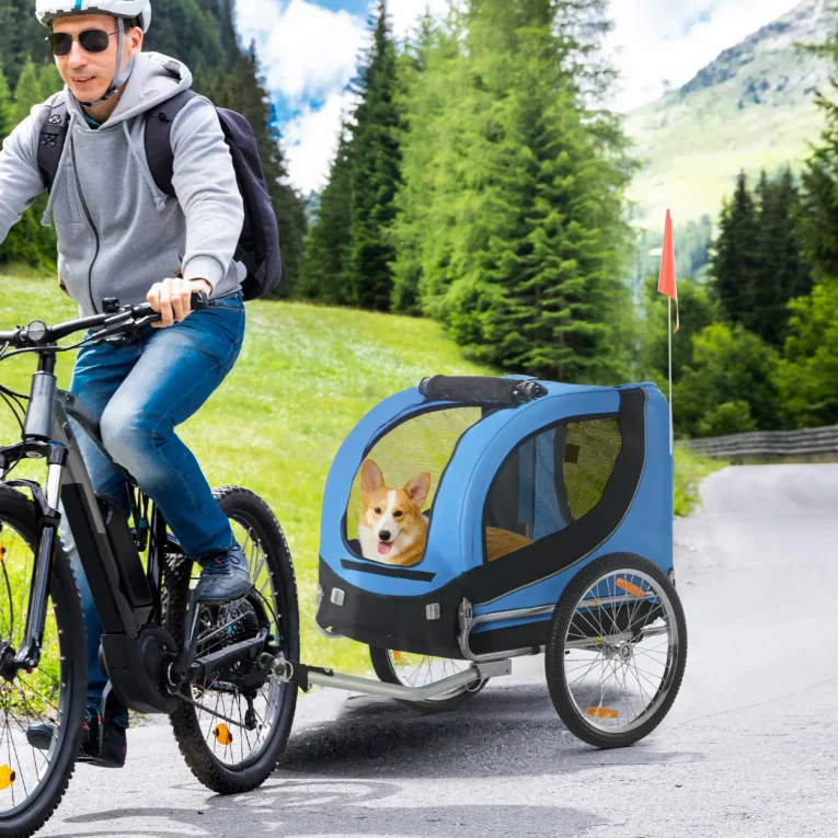 Dog Bicycle Trailer with Hitch and Visibility Flag – Blue and Black