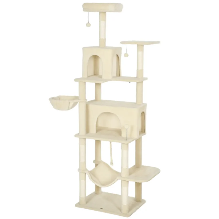 Tall Cat Tower with Two Dens and Hammocks – Beige, 202cm