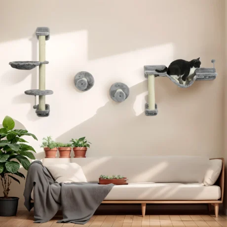 Four-Piece Cat Wall Set with Hammock and Ladder – Grey