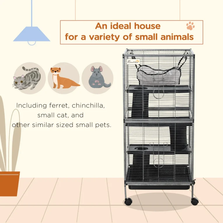 Four-Level Small-Animal Cage with Wheels and Hammock – Silver