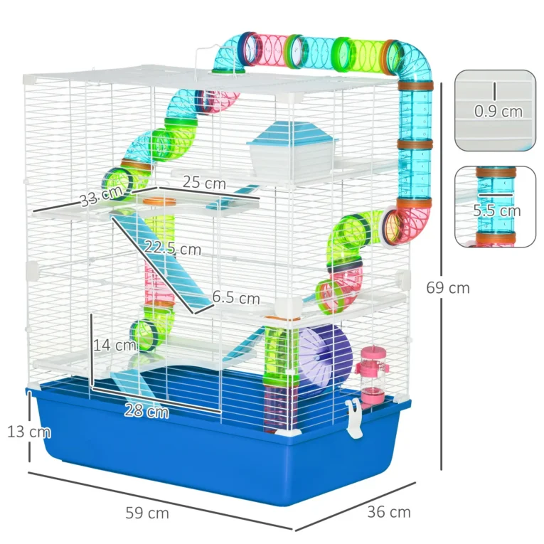 Hamster Cage 5-Level with Tunnel System 59x36cm – Blue and white