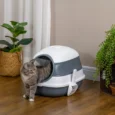 Folding Hooded Cat Litter Box – White and Grey