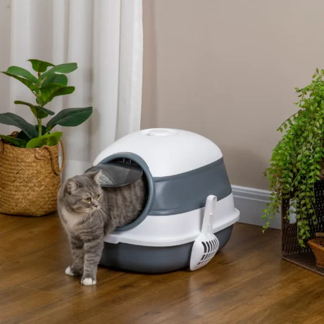 Folding Hooded Cat Litter Box – White and Grey