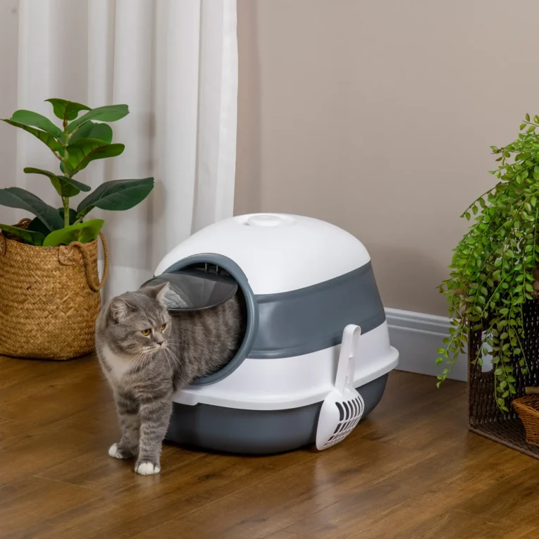 Folding Hooded Cat Litter Box – White and Grey