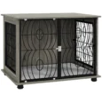 Medium Dog Crate Side Table with Cushion – Grey Wood Effect, 80cm