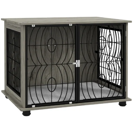 Medium Dog Crate Side Table with Cushion – Grey Wood Effect, 80cm