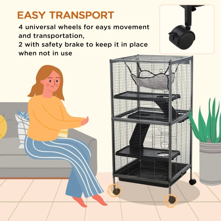 Four-Level Small-Animal Cage with Wheels and Hammock – Silver