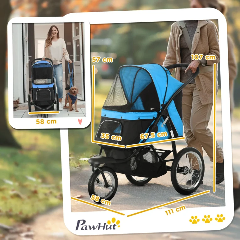 Foldable Dog Pushchair for Small Dogs – Blue and black