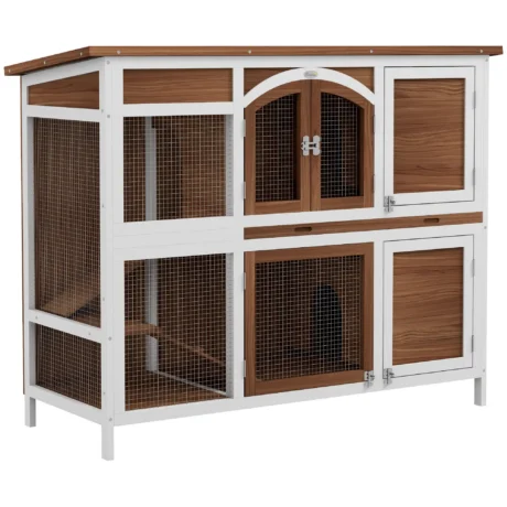 Wooden Pet Hutch Two-Tier with Openable Roof – Brown, Black, White