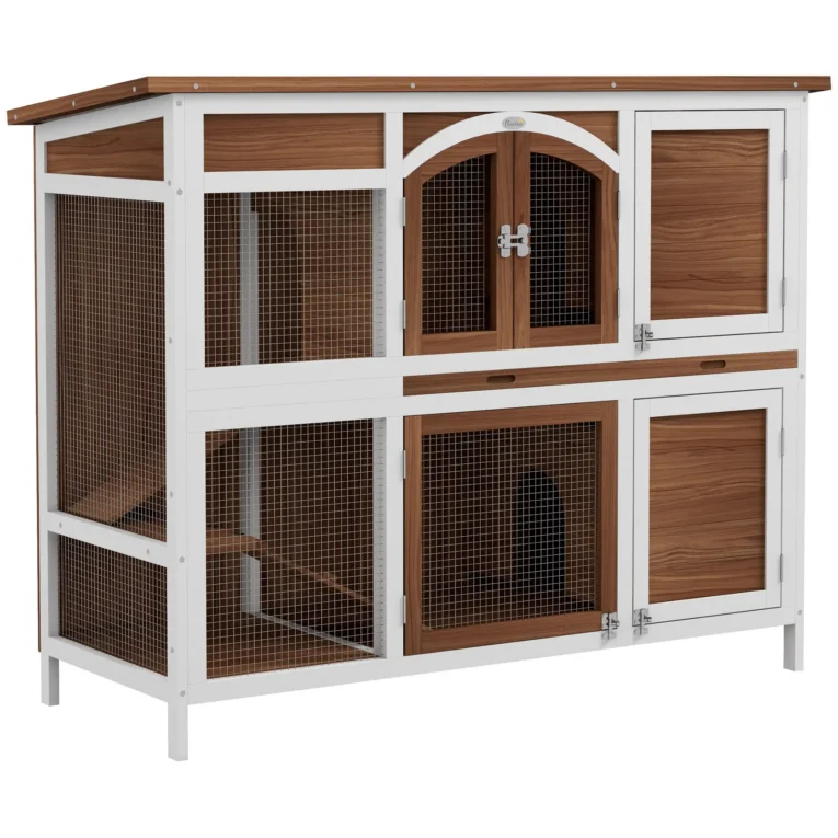 Wooden Pet Hutch Two-Tier with Openable Roof – Brown, Black, White