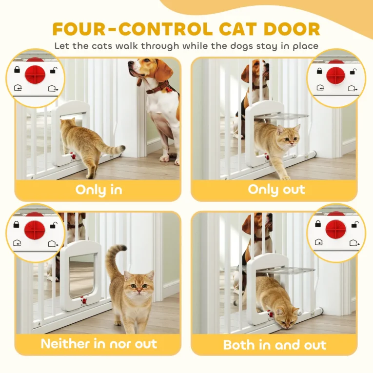 Pressure-Fit Pet Gate with Four-Way Cat Door – White, 75–85cm
