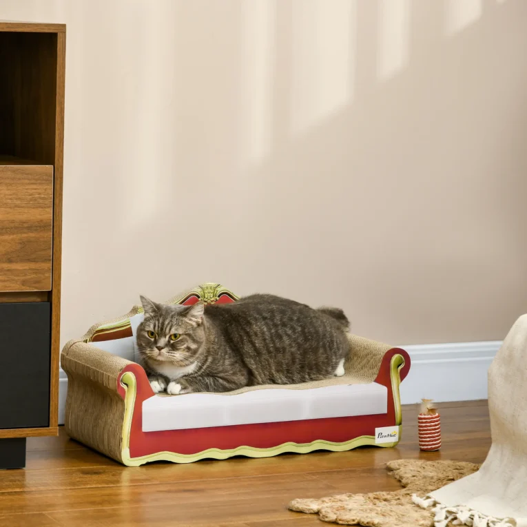 Cat Cardboard Scratcher Sofa Bed with Catnip 58x29cm – Brown and claret Cat Cardboard Scratcher Sofa Bed with Catnip 58x29cm – Brown and claret