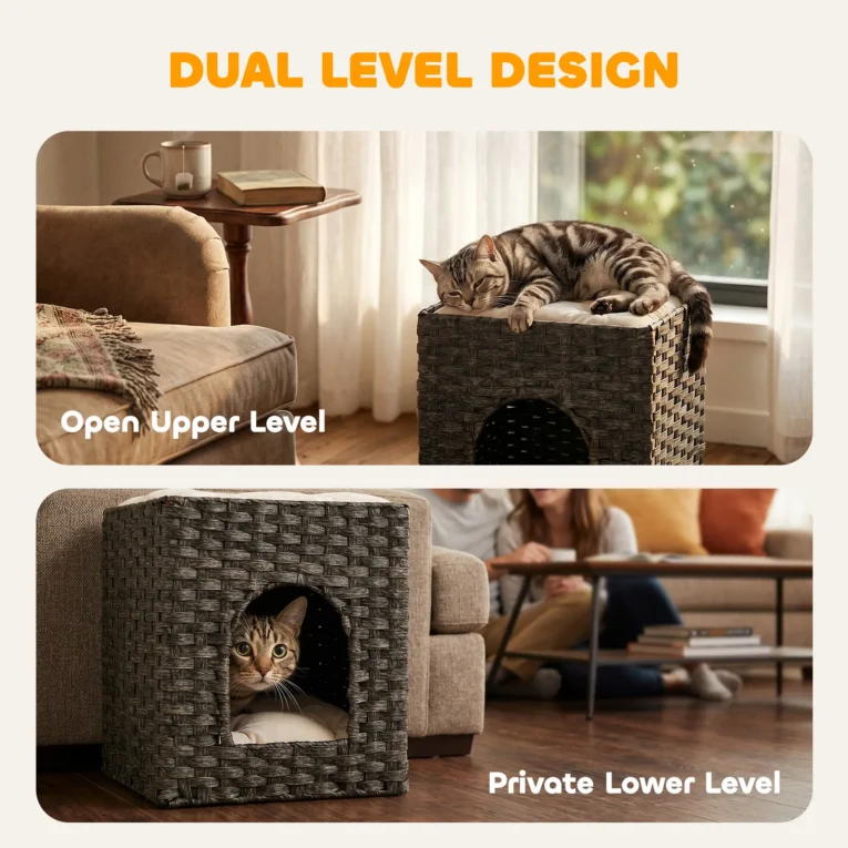 2-Tier Rattan Cat House Indoor Bed Washable Cushions – Grey, Beige