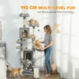 Tall Cat Tower with Three Beds and Two Hammocks – Light Grey, 192cm