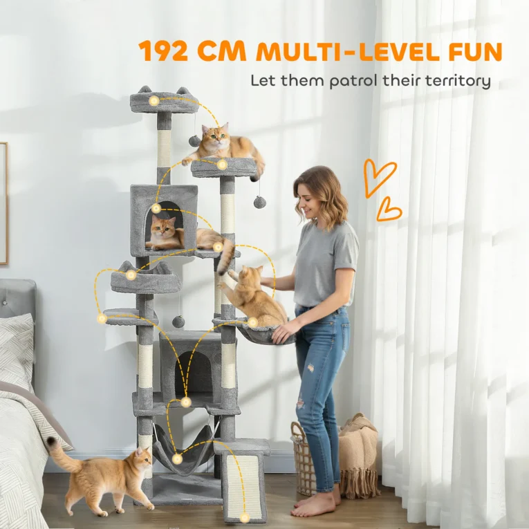 Tall Cat Tower with Three Beds and Two Hammocks – Light Grey, 192cm Tall Cat Tower with Three Beds and Two Hammocks – Light Grey, 192cm