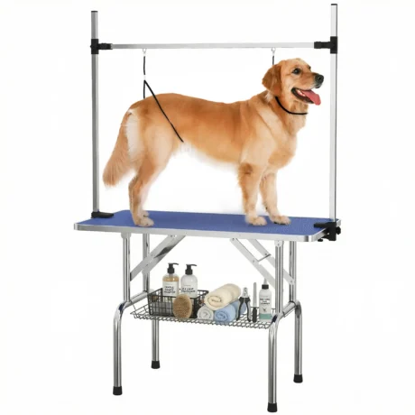 Folding Dog Grooming Table with Two Loops and Basket &ndash; Blue, 107cm
