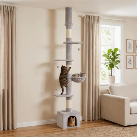 Adjustable Floor-to-Ceiling Cat Tower with Den – Light Grey, 230–250cm