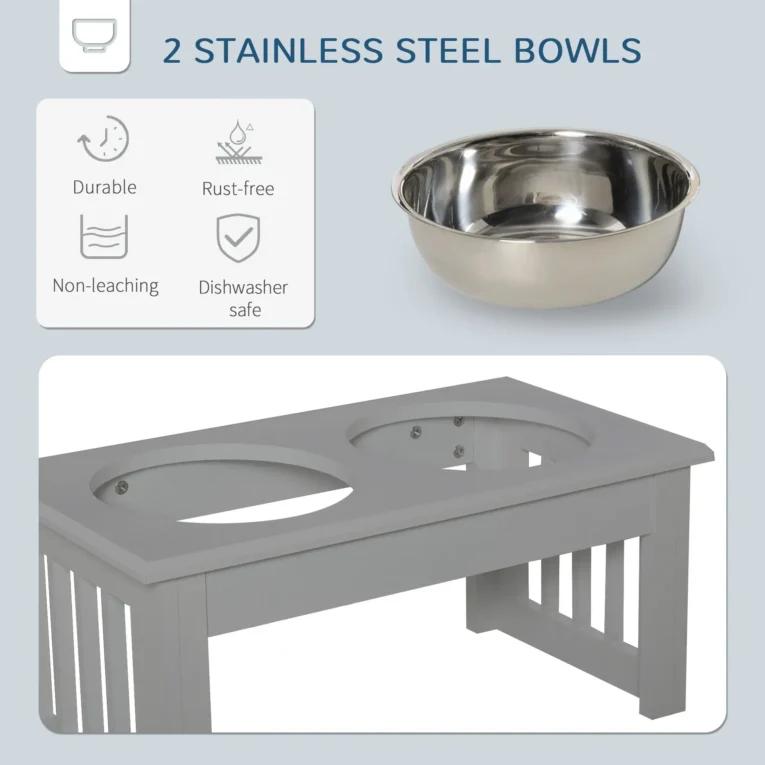 Raised Double Dog Bowl Stand – Grey, 0.9L Bowls