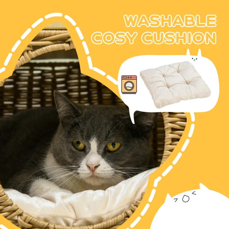 Raised Rattan-Style Cat Hideaway with Cushion – Light Brown, 40cm