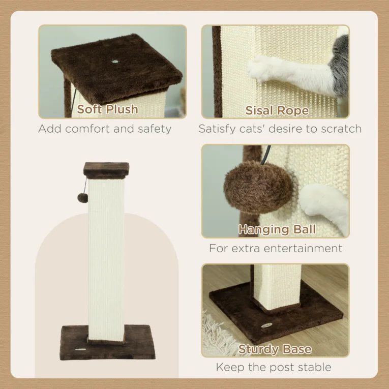 Tall Sisal Cat Scratching Post – Brown, 81cm Tall Sisal Cat Scratching Post – Brown, 81cm