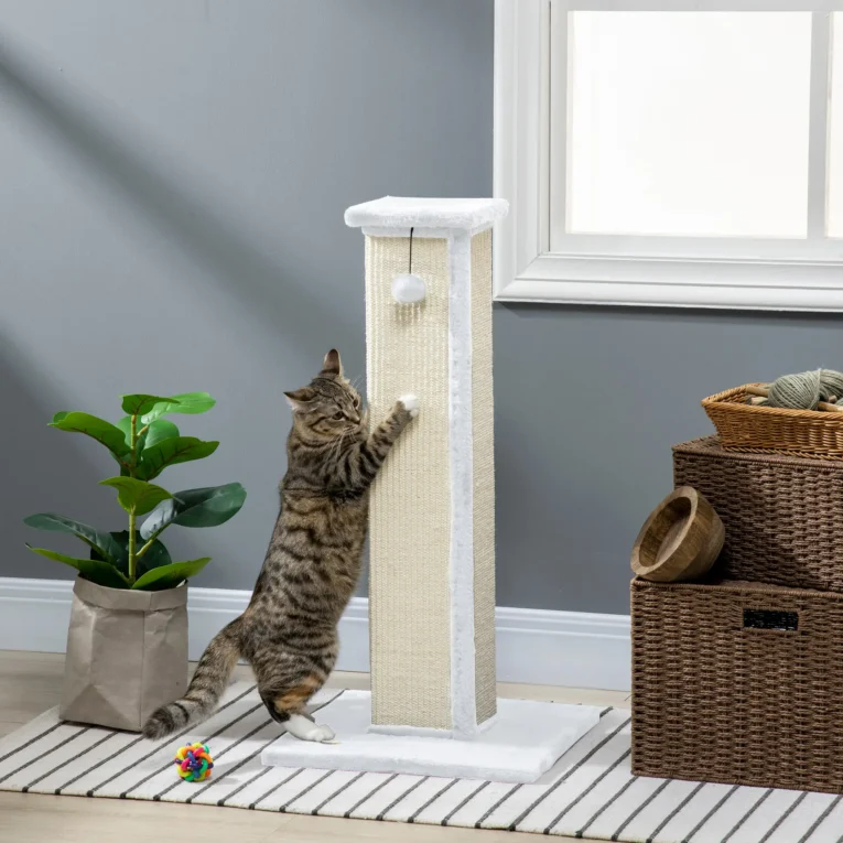 81cm Tall Sisal Cat Scratching Post with Hanging Ball – White