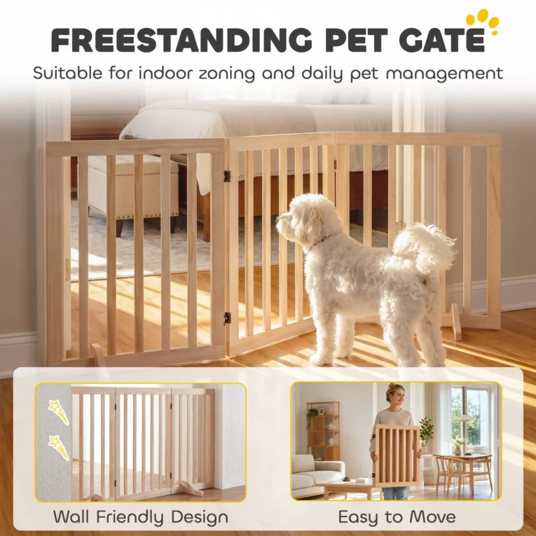 Three-Panel Folding Wooden Dog Gate – Natural, 150cm