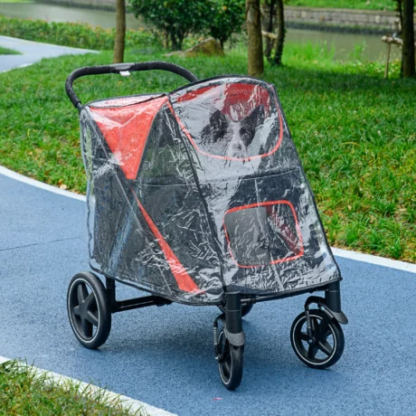 Folding Large Dog Stroller with Rain Cover – Red