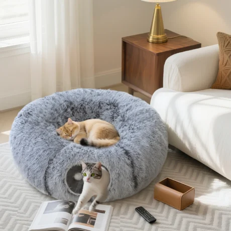 Plush Cat Tunnel with Removable Bed – Light Grey