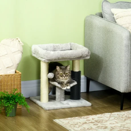 Compact Cat Tower with Bed and Grooming Brush – Grey, 48cm
