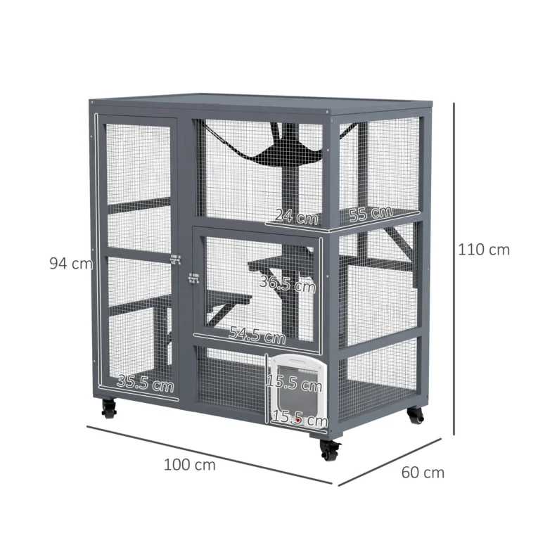 Wooden Indoor Cat Enclosure with Hammock and Wheels – Light Grey