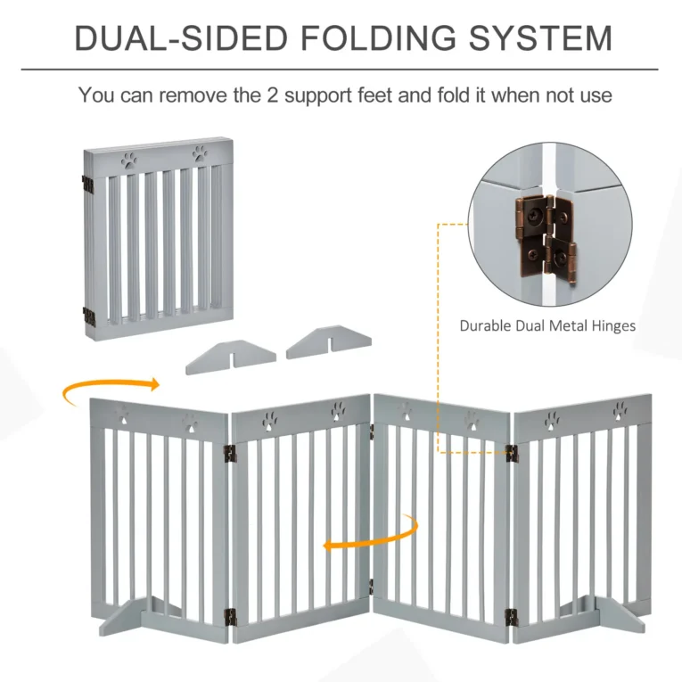 Four-Panel Freestanding Wooden Dog Gate – Light Grey, 204cm