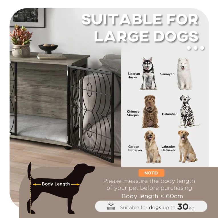 Large Dog Crate Side Table with Cushion – Grey Wood Effect, 100cm